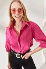 Olalook Women's Flamed Fuchsia Wooden Buttoned Three Quarter Sleeve Linen Shirt