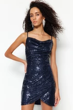 Trendyol Navy Blue Sequined Evening Dress with Lining and Shimmering Sequins