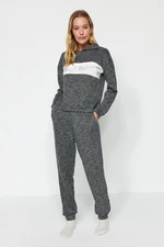 Trendyol Gray Cotton Motto Printed Sweatshirt-Jogger Knitted Pajamas Set