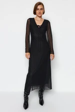 Trendyol Black V-Neck Tulle Lined Skater/Water Open Midi Knit Dress