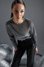 Trendyol Black Lurex Crew Neck Regular/Normal Fit Transparent Tulle Knitted Blouse