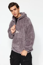Trendyol Men's Gray Oversize/Wide-cut Zippered Hoodie with Mountain Embroidery Pockets Thick Fleece/Plush Sweatshirt.