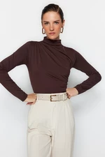 Trendyol Brown Smocking Detailed Stand Collar With Snap fastener, Flexible Knitted Body