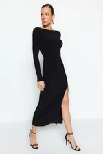 Trendyol Black Boat Neck Decollete Slit Fitted/Sticky Maxi Stretch Knit Dress