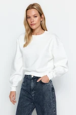 Trendyol Ecru Comfy Cut Crop Basic Crew Neck Thick Fleece Knitted Sweatshirt