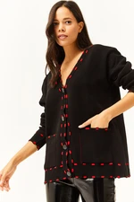 Olalook Women's Black Spotted Pocket Oversize Knitwear Cardigan