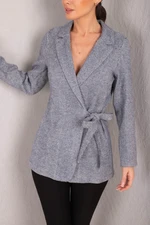 armonika Women's Dark Navy Blue Side Tie Herringbone Patterned Cachet Jacket