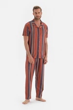 Dagi Claret Red Shirt Collar Striped Knitted Pajamas Set