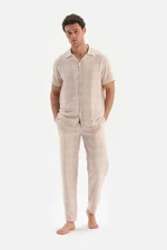 Dagi Beige Shirt Collar Checked Woven Pajamas Set