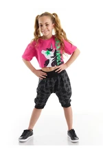 Mushi R&r Unicorn Girls' Crop Top Pink T-shirt Gray Capri Shorts Set.