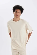 DEFACTO Men's Beige Oversize Fit Wide Cut Crew Neck Heavy Fabric Short Sleeve Basic T-Shirt