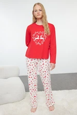 Trendyol Red 100% Cotton Christmas Themed Knitted Pajama Set