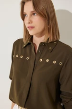 Happiness İstanbul Women's Dark Khaki Bird Eye Detailed Woven Shirt