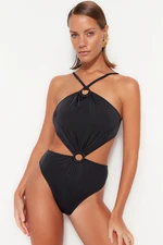 Trendyol Black Halter Neck kivágott / ablakos normál lábú fürdőruha