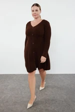 Trendyol Curve Dark Brown V-Neck Knitwear Dress