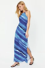 Trendyol Limited Edition Blue Tie-Dye Patterned Straight Cut Sleeveless Maxi Lined Satin Woven Dress