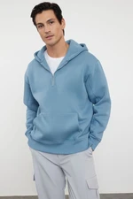 Trendyol Blue Oversize/Wide Cut Zippered Hooded Fleece Inside Basic Sweatshirt