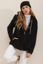 Trend Alaçatı Stili Women's Black Hooded Zippered Front Double Pocket Oversized Plush Sweatshirt