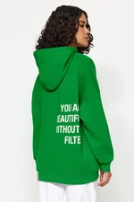 Trendyol Green Back Printed Oversize/Wide Cut Hooded Thick Fleece Knitted Sweatshirt