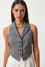 Happiness İstanbul Women's Gray Shawl Collar Woven Vest