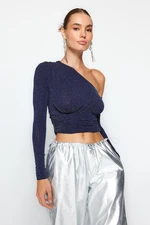 Trendyol Navy Blue Crop Shiny Silvery Knitted Bustier