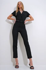 Trend Alaçatı Stili Women's Black Double Breasted Collar Coated Belted Jumpsuit