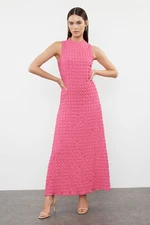 Trendyol Fuchsia Plain Textured A-Line/A-Line Form Crew Neck Textured Maxi Dress