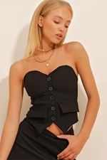 Trend Alaçatı Stili Women's Black Off-the-Shoulder Corset Vest with a Fitted Body