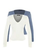 Trendyol Indigo-Ecru Basic 2-Pack Knitwear Sweater