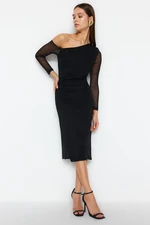 Trendyol Black Abstract Lined Midi Lined Asymmetrical Neck Knit Dress