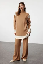 Trendyol Camel Relaxed Cut Knitwear Striped Tunic-Pants Bottom-Top Set