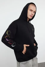 Trendyol Black Oversize/Wide Cut Hooded Fleece/Warm Reflective Print Sweatshirt