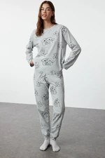 Trendyol Gray Melange Cotton Animal Pattern Knitted Pajama Set