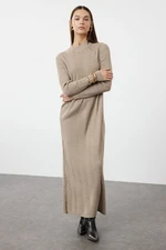 Trendyol Mink Self-Patterned Half Turtleneck Knitwear Zigzag Textured Dress