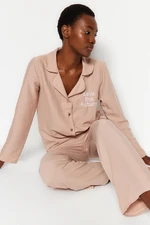 Trendyol Beige Embroidered Shirt-Pants Woven Pajamas Set