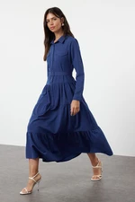 Trendyol Blue Belted Woven Cotton Shirt Dress