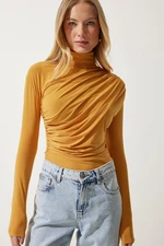 Happiness İstanbul Women's Mustard Gather Detailed High Collar Sandy Blouse