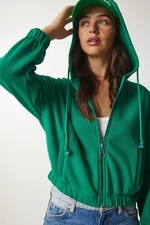 Happiness İstanbul Women's Green Hooded Raised Sweatshirt