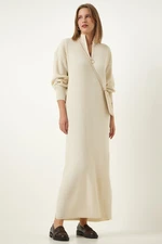 Happiness İstanbul Women's Cream Zipper Collar Ribbed Long Knitwear Dress