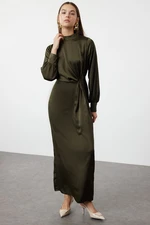 Trendyol Dark Khaki Waist Gathered Satin Evening Dress