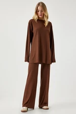 Happiness İstanbul Women's Brown Ribbed Knitted Blouse Pants Suit