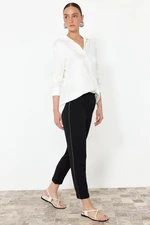 Trendyol Black Elastic Waist Linen Look Woven Trousers with Glitter Stripes on the Side