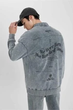 DEFACTO Comfort Fit Stand Collar Zippered Back Printed Washed Faded Effect Sweatshirt