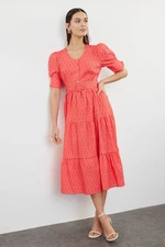 Trendyol Red Ethnic Patterned Belted A-Line V-Neck Woven Dress