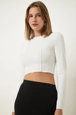 Happiness İstanbul White Ribbed Ribbed Crop Blouse