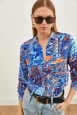 Olalook Women's Patch Saks Blue Patterned Woven Viscose Shirt