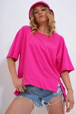 Trend Alaçatı Stili Women's Fuchsia Crew Neck Oversize T-Shirt with Window Detail