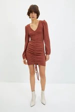 Trendyol Tile V-Neck Fake Knitwear Pleated Knitted Dress