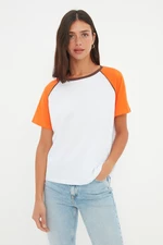 Trendyol Orange 100% Cotton Color Block Comfortable Cut, Basic Raglan Sleeve Crew Neck Knitted T-Shirt