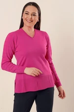 By Saygı V-neck Acrylic Sweater with Patterned Sleeves and Slits in the Sides Plus Size Plus Size Sweater Fuchsia